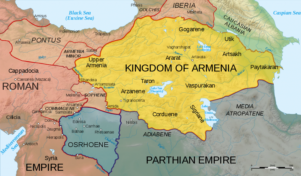 By Cplakidas - Based on Image:Arshakuni Armenia 150-en.svg. Province & client state outlines based on: Atlas of Classical History, Routledge 1985, pp. 160-162; History Map of Europe, Year 1 from Euratlas, CC BY-SA 3.0, Link