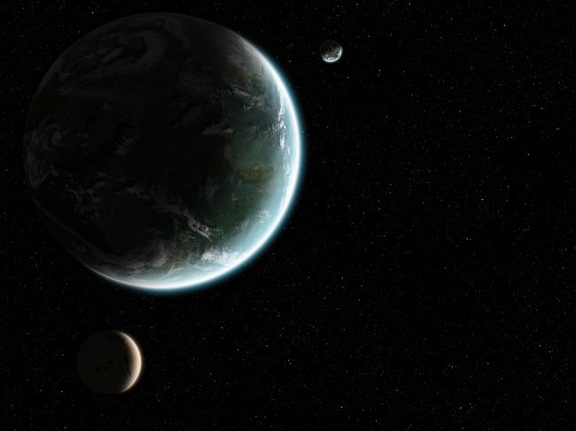 Orbital view on an extraterrestrial Earth-like planet with atmosphere and its two moons in space