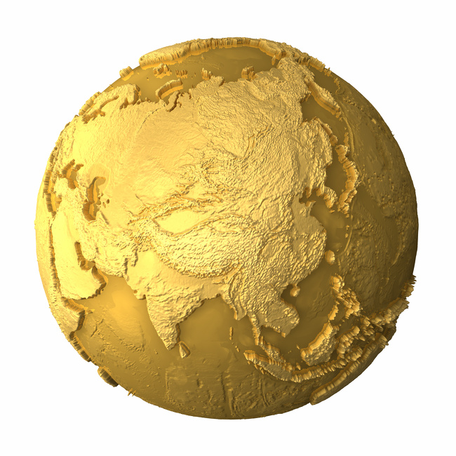 Gold globe - metal earth with realistic topography - asia, 3d render