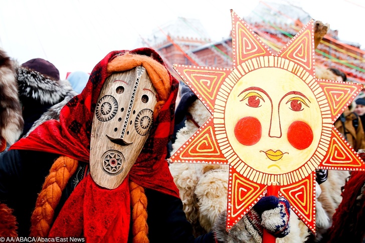 MOSCOW, RUSSIA - MARCH 03: Performers in scary masks entertain the public during the Maslenitsa festival  that celebrates the end of winter and marks the arrival of spring, in Manezhnaya Square in Moscow, Russia on March 03, 2019. Sefa Karacan / Anadolu Agency/ABACAPRESS.COM